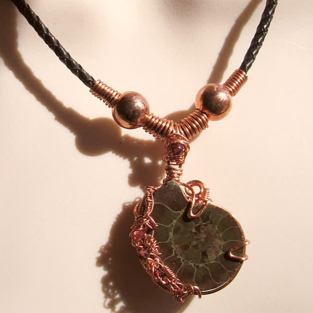GREEN Jasper AMMONITE fossil Slice Copper NECKLACE
